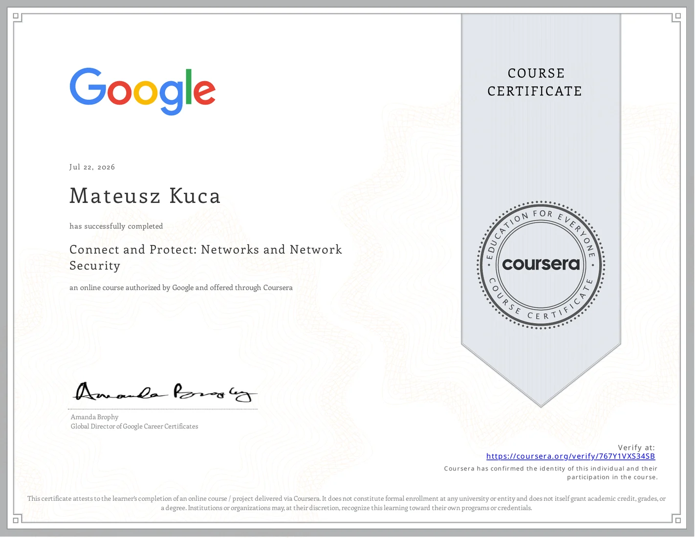 Connect and Protect: Networks and Network Security certificate issued by Google Career Certificates · Coursera