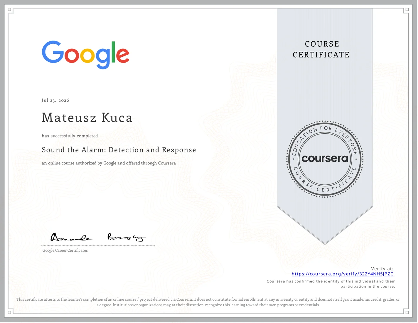 Sound the Alarm: Detection and Response certificate issued by Google Career Certificates · Coursera